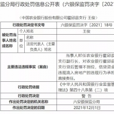   中国农业银行霍邱县支行被罚20万